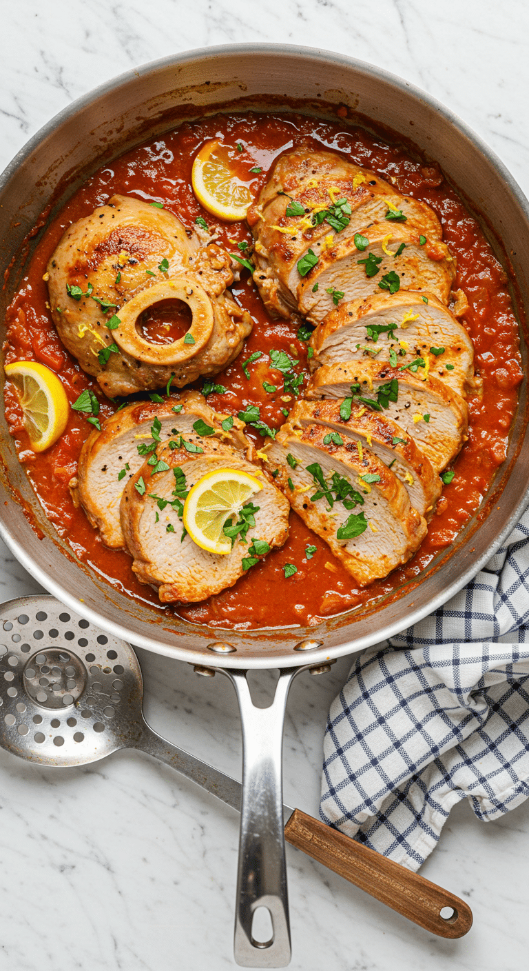 Osso buco de dinde mijoté dans sauce tomate aux légumes avec herbes fraîches