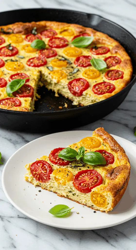 Part de clafoutis salé tomates basilic sur assiette blanche avec garniture