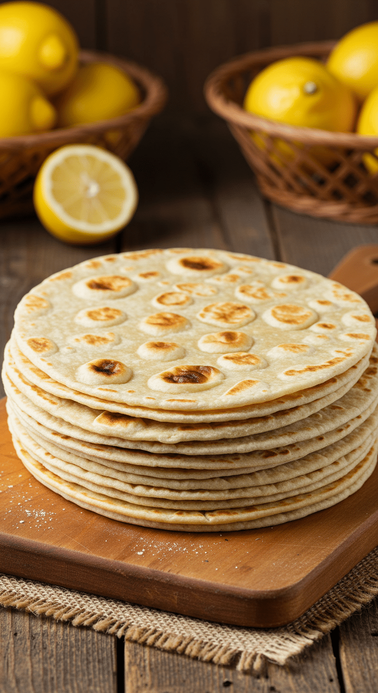 Pâte à wraps maison empilée sur planche en bois