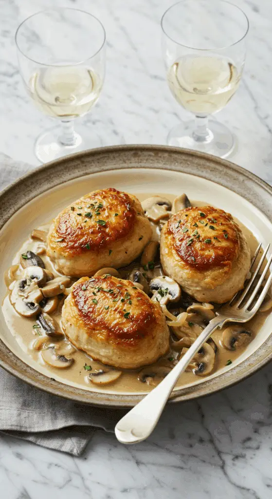Paupiettes de dinde dorées dans sauce crémeuse aux champignons plat familial