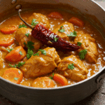 Poulet à la pâte d'arachide dans bol rustique avec sauce crémeuse et coriandre