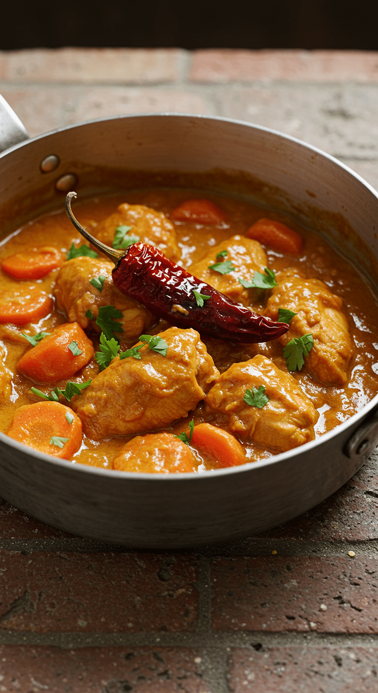 Poulet à la pâte d'arachide dans bol rustique avec sauce crémeuse et coriandre