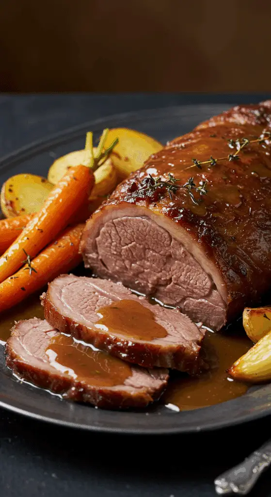 gigot confit servi plat service viande cuillère jus légumes
