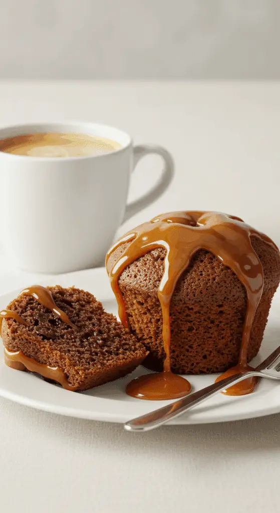 muffin poire chocolat servi assiette blanche caramel beurre salé
