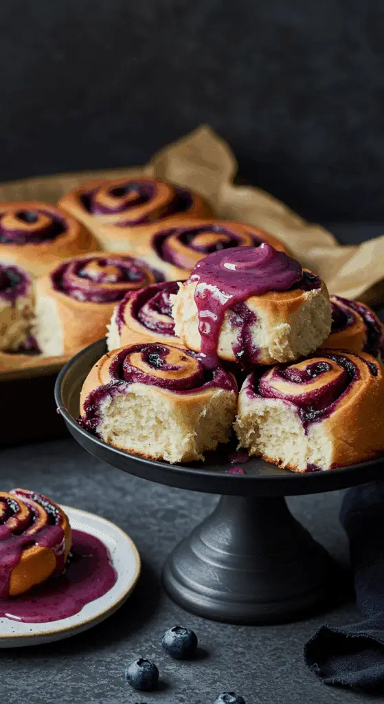Rolls aux myrtilles avec glaçage chocolat blanc coulant sur spirales dorées
