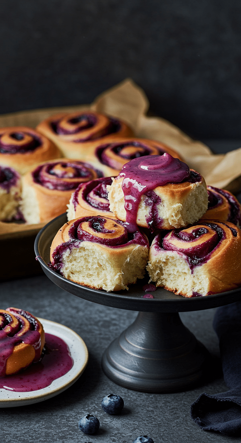 Rolls aux myrtilles avec glaçage chocolat blanc coulant sur spirales dorées