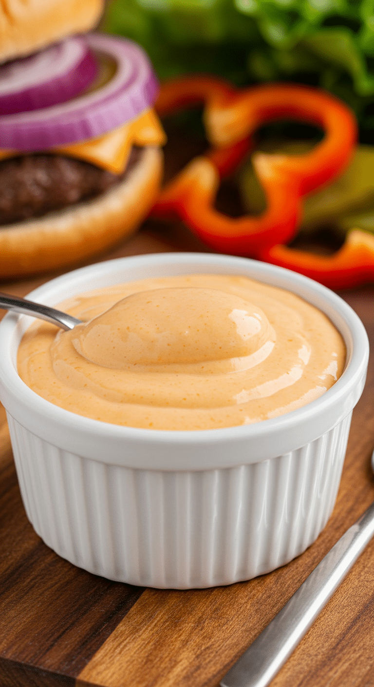 Sauce burger maison crémeuse avec ingrédients frais sur table en bois
