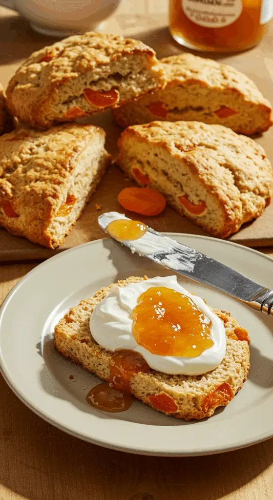 Scones aux abricots sans gluten dorés servis avec confiture maison