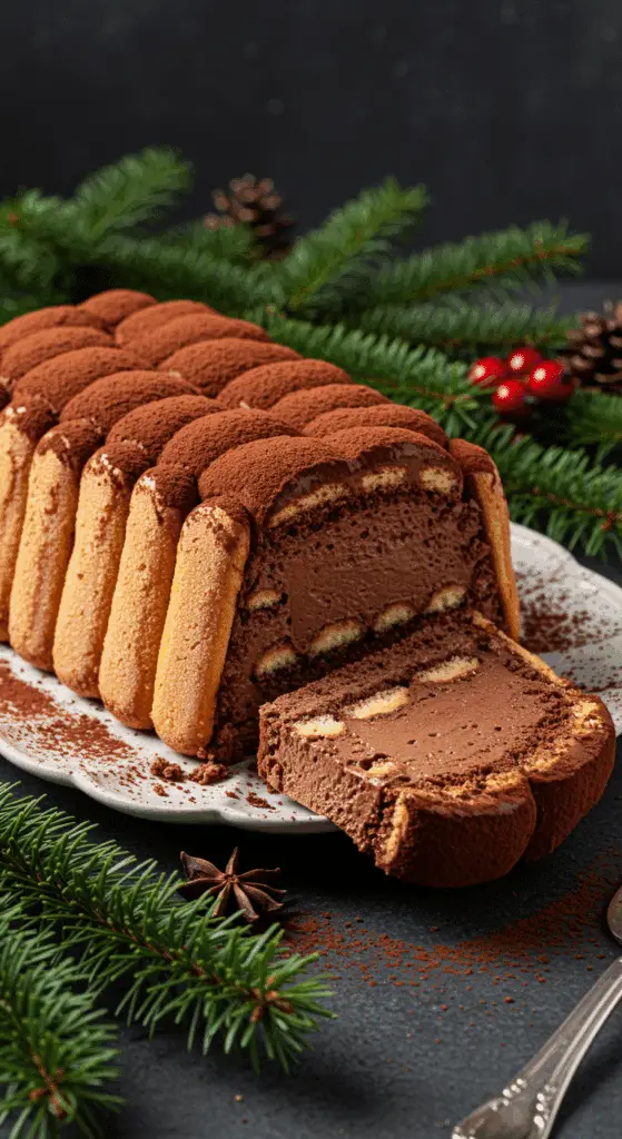 Tranches de bûche façon marquise au chocolat montrant la texture parfaite
