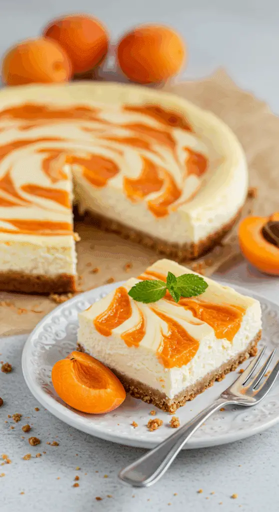 Part de cheesecake à l'abricot élégamment dressée avec décoration