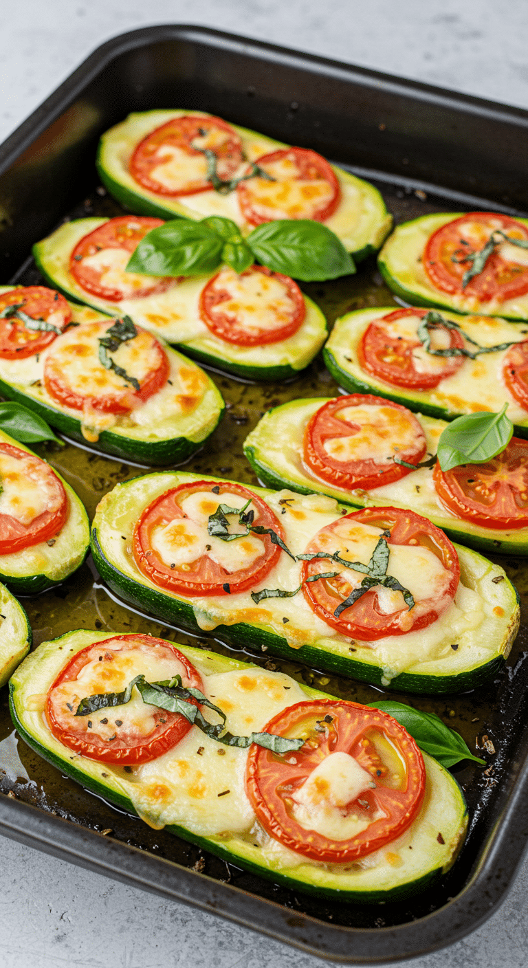 courgettes façon pizza servies dans assiettes avec basilic frais