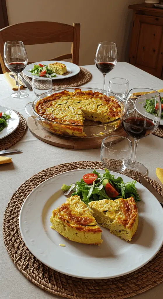 Service élégant de flan de courgettes au parmesan