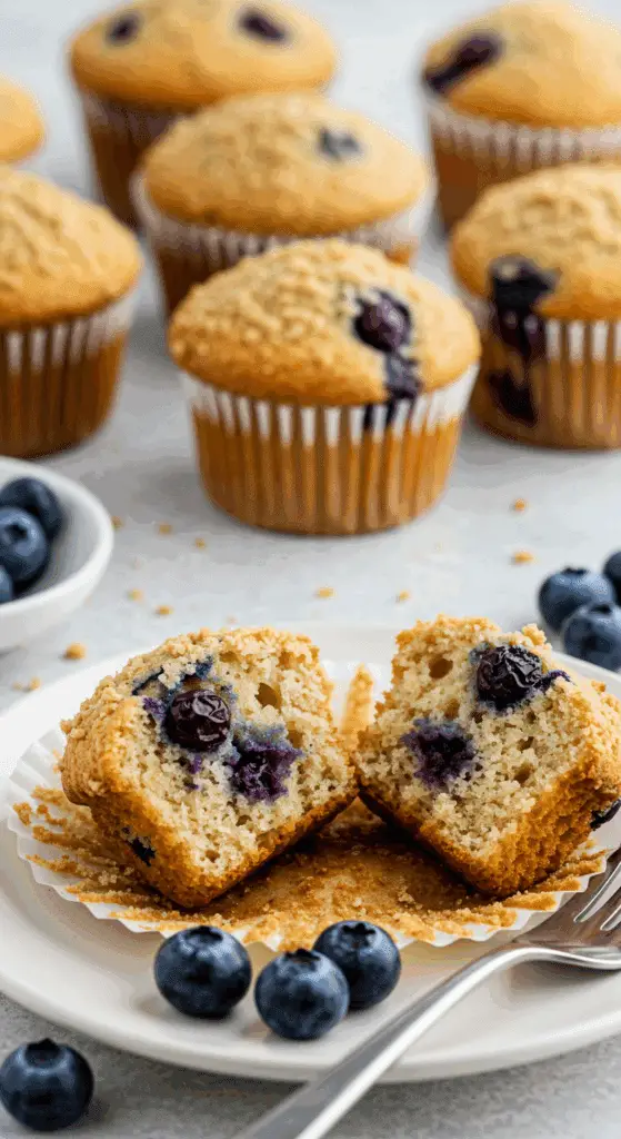Muffin low-carb aux myrtilles coupé montrant texture moelleuse
