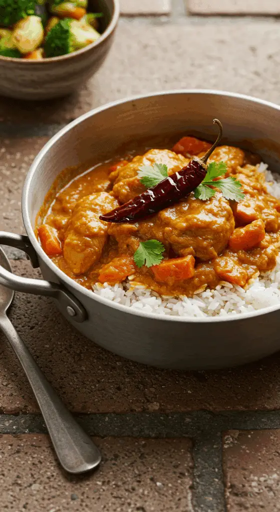 Poulet pâte arachide servi sur riz basmati avec légumes sautés présentation élégante
