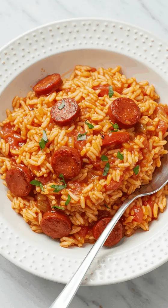 riz au chorizo et à la tomate servi dans une assiette avec ciboulette