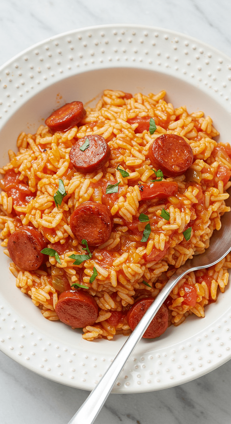 riz au chorizo et à la tomate servi dans une assiette avec ciboulette