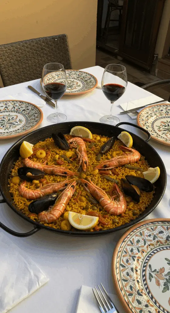 Service élégant de riz façon paëlla à l'espagnole
