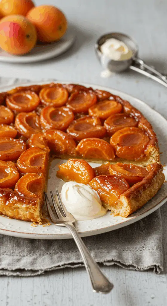 Part de tarte tatin aux abricots servie avec glace vanille