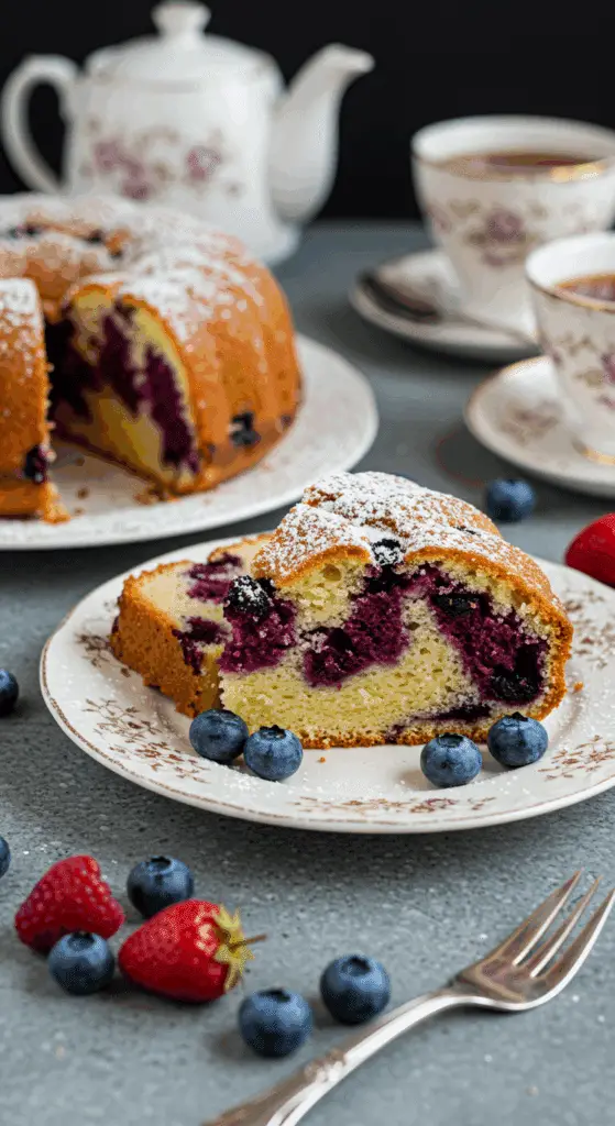 Tranche de Cake Marbré aux Myrtilles élégamment présentée