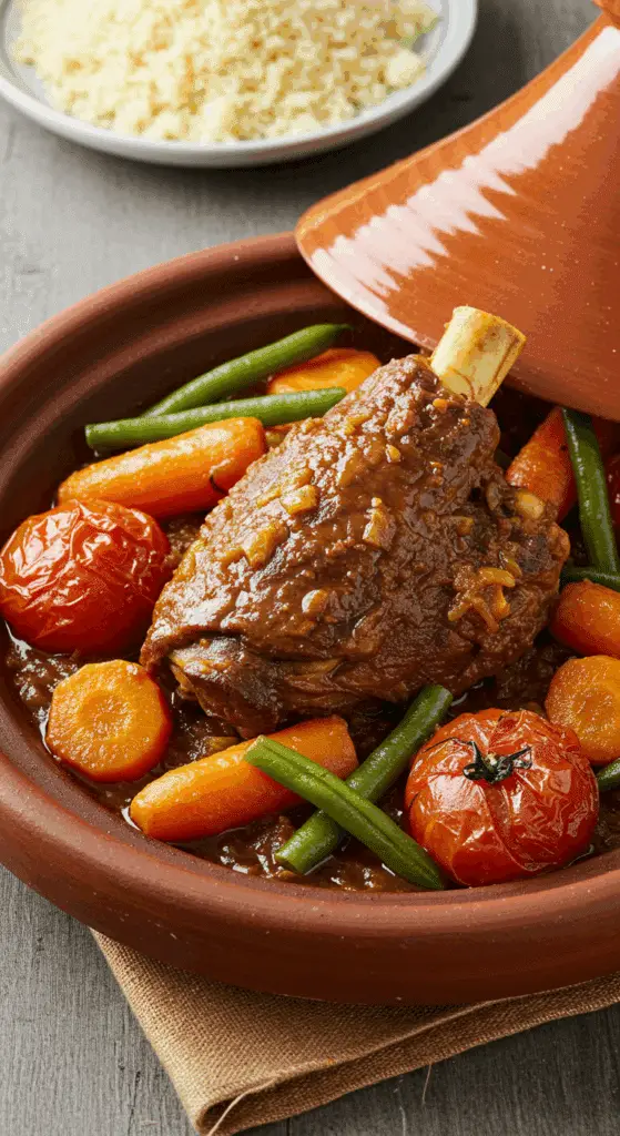 Tajine épaule agneau entière servi sur assiette marocaine élégante