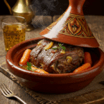 Tajine d'épaule d'agneau entière dans plat traditionnel marocain
