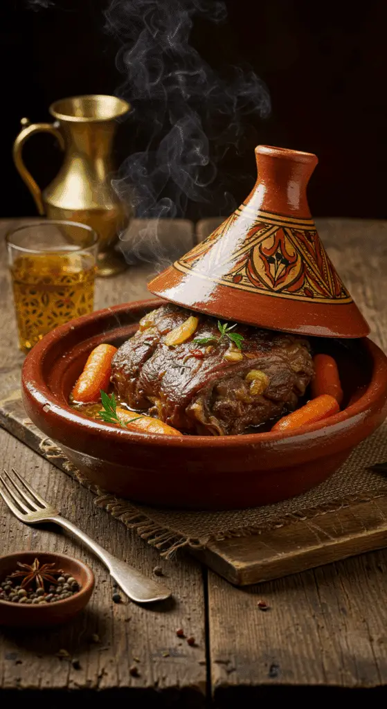 Tajine d'épaule d'agneau entière dans plat traditionnel marocain