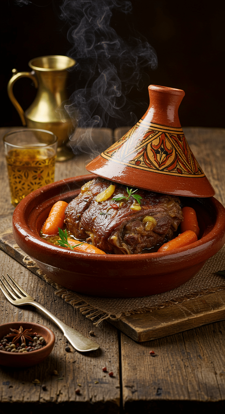 Tajine d'épaule d'agneau entière dans plat traditionnel marocain