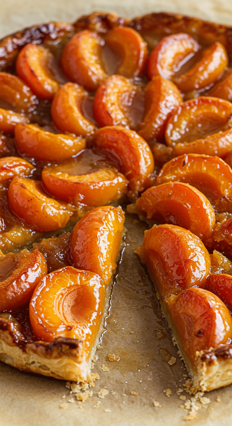 Tarte tatin aux abricots dorée avec caramel brillant sur assiette blanche