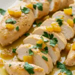 Aiguillettes de poulet au citron confit avec herbes fraîches dans plat rustique