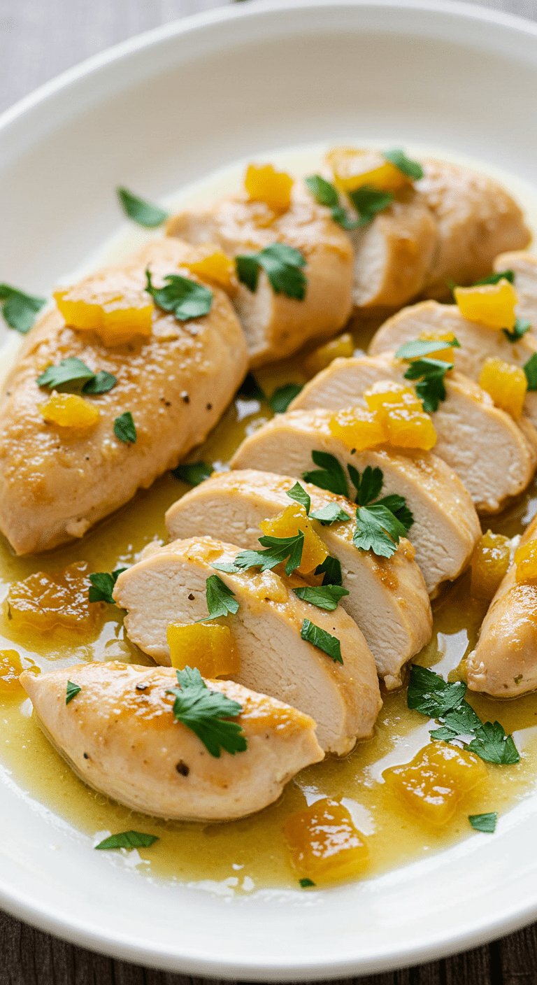 Aiguillettes de poulet au citron confit avec herbes fraîches dans plat rustique