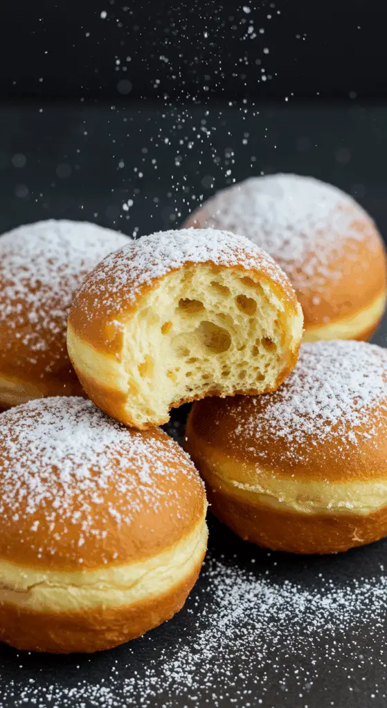 Beignets alsaciens moelleux dorés saupoudrés sucre glace planche bois rustique présentation traditionnelle