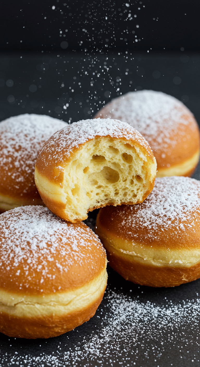 Beignets alsaciens moelleux dorés saupoudrés sucre glace planche bois rustique présentation traditionnelle