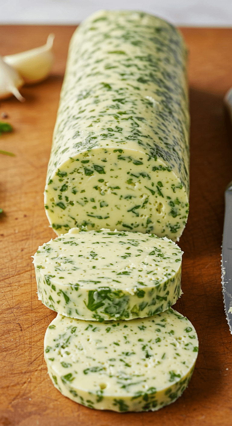 Beurre à l'ail et au persil fait maison tranché planche bois herbes fraîches
