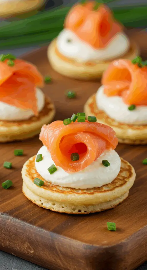 Blinis au saumon fumé sous son lit de neige élégants sur plateau d'ardoise