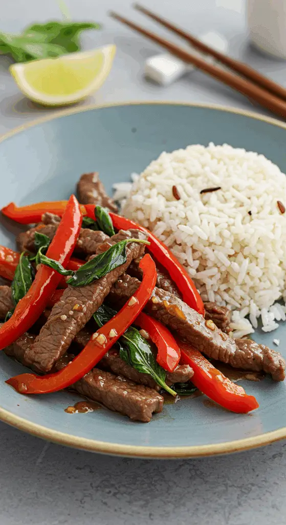Bœuf sauté riz coco sauce caramélisée brillante pousses bambou présentation fusion asiatique