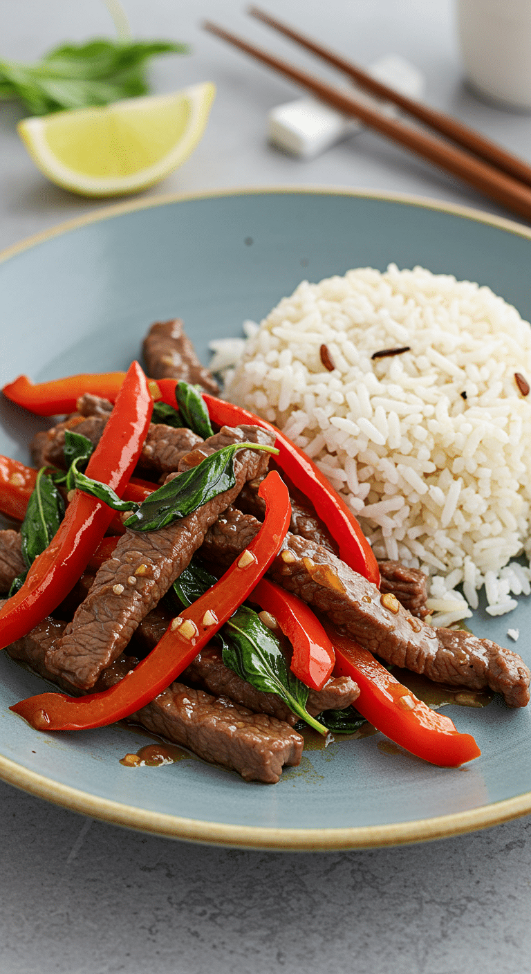 Bœuf sauté riz coco sauce caramélisée brillante pousses bambou présentation fusion asiatique