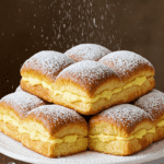 Brioche fourrée crème pâtissière élégante sur présentoir porcelaine