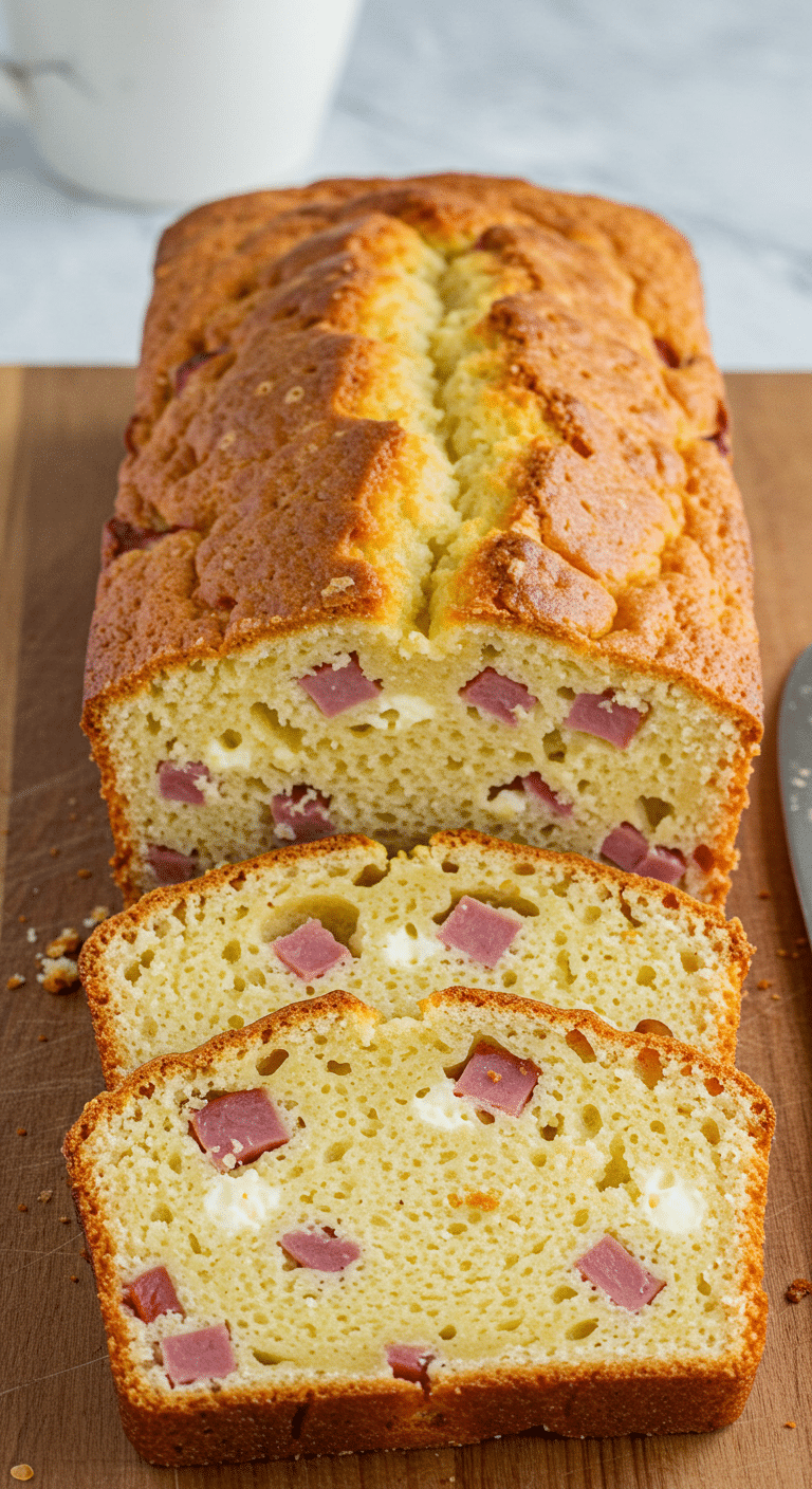 Cake salé moelleux au Boursin tranché sur planche en bois pour apéro
