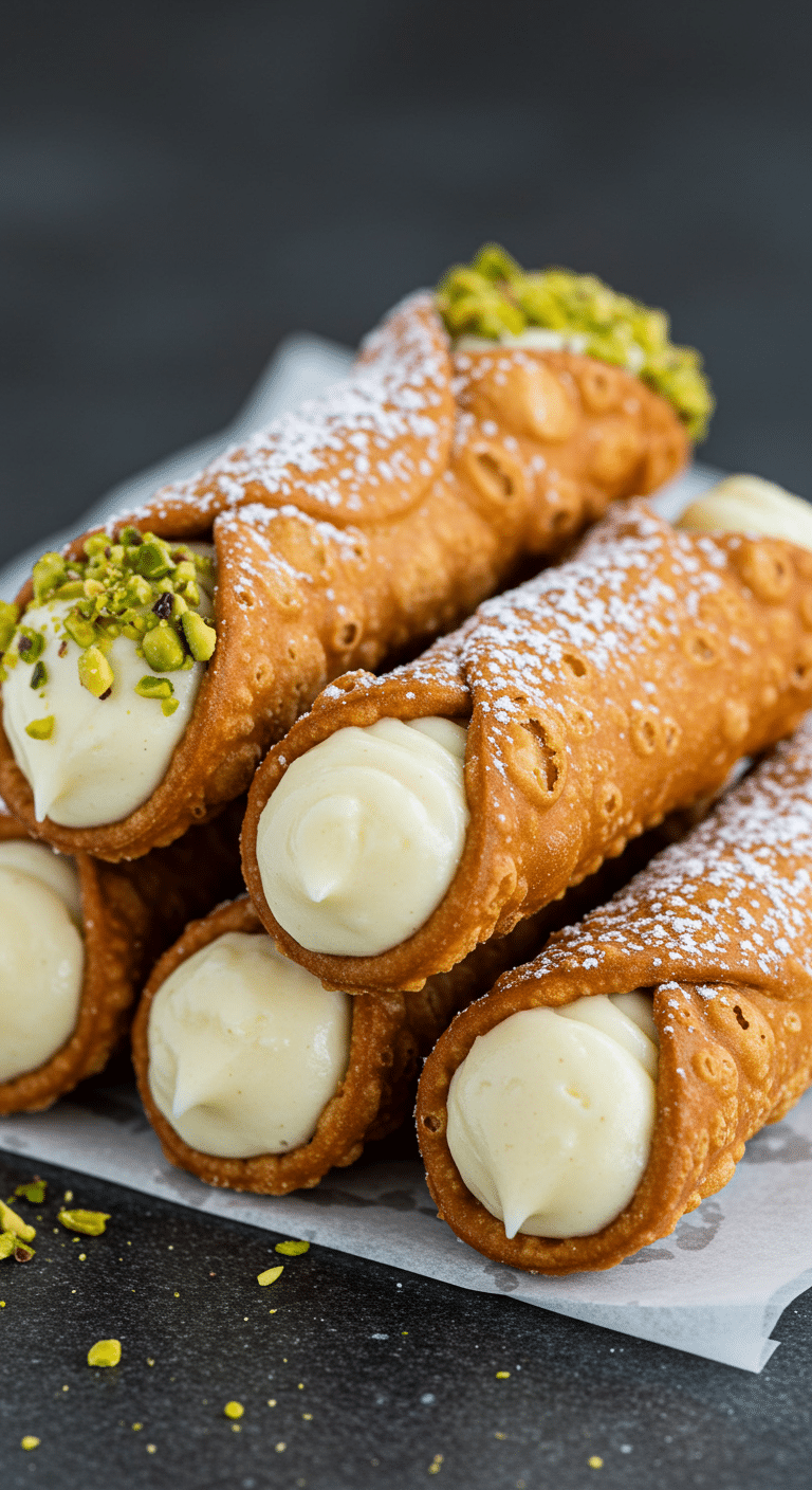 Cannoli à la crème pâtissière dorés sur marbre saupoudrés sucre glace