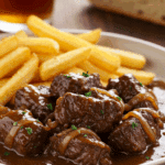 Carbonade flamande traditionnelle dans cocotte en fonte avec sauce bière