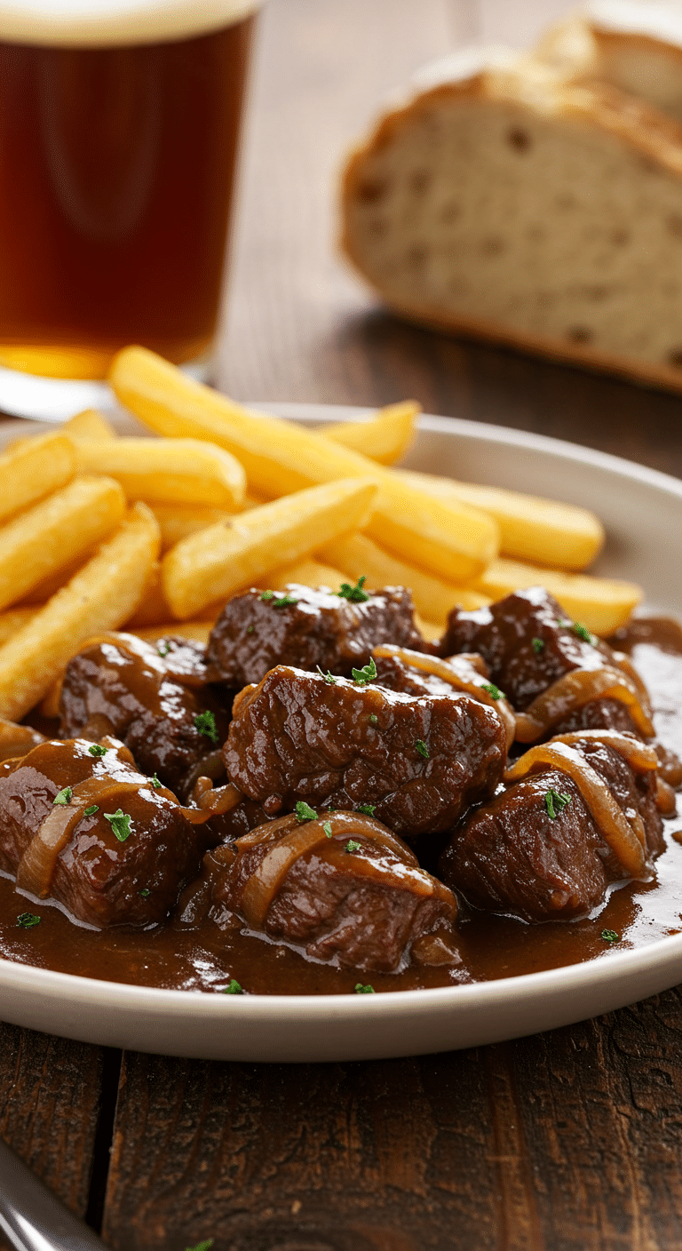 Carbonade flamande traditionnelle dans cocotte en fonte avec sauce bière