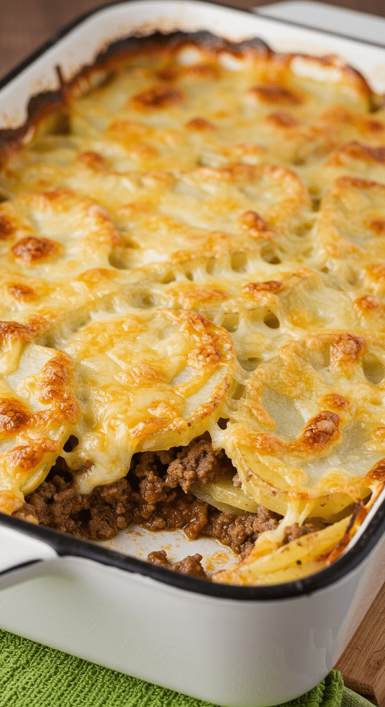 Casserole pommes terre fromage bœuf haché gratiné plat céramique doré présentation familiale