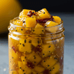 Chutney à la mangue doré pot verre mangues fraîches piments rouges