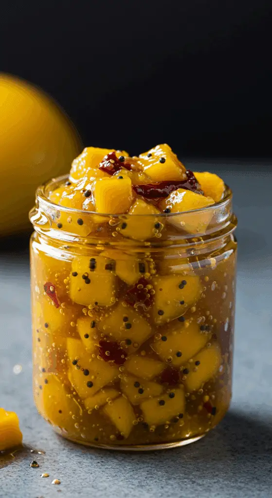 Chutney à la mangue doré pot verre mangues fraîches piments rouges