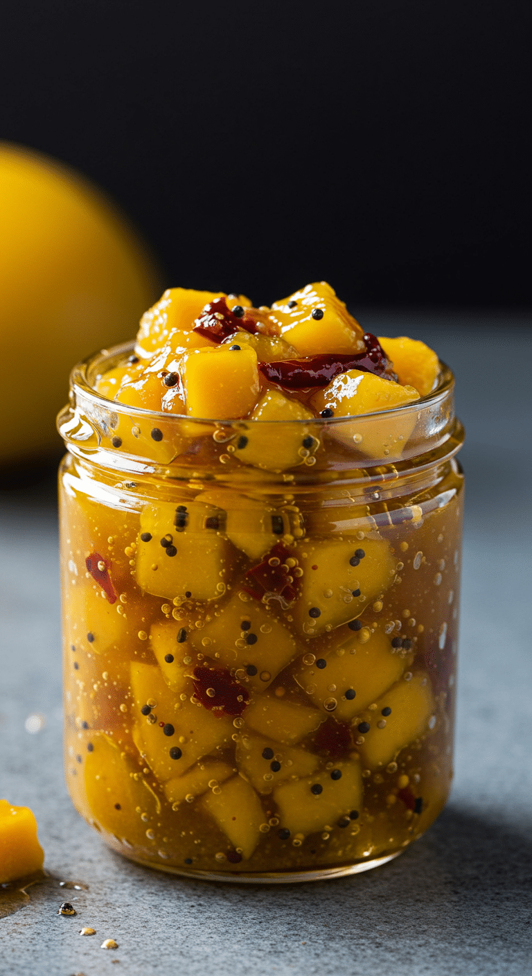 Chutney à la mangue doré pot verre mangues fraîches piments rouges