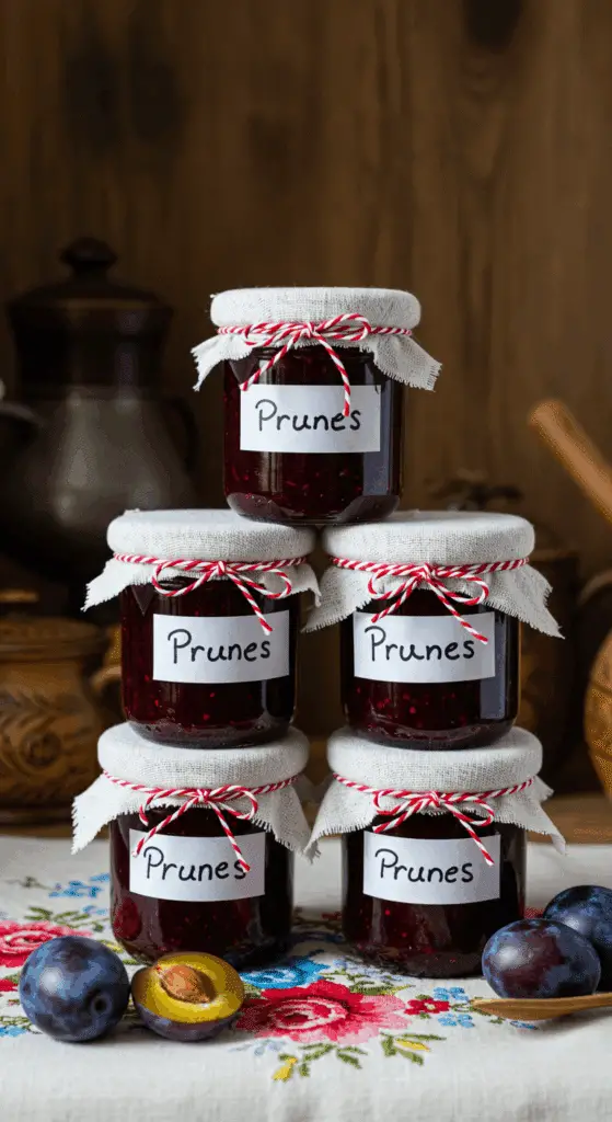 Confiture de prunes maison en pots de verre avec prunes fraîches sur table rustique