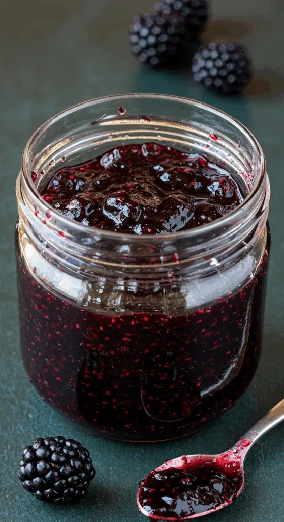 Confiture de mûres maison pot verre couleur pourpre mûres fraîches cuisine française