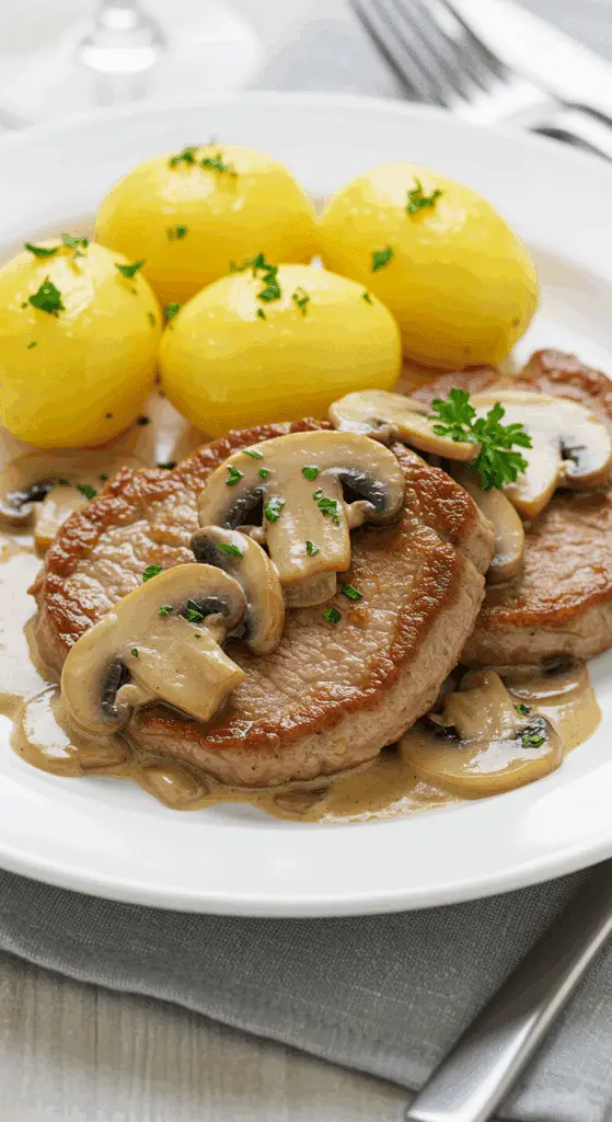 Côtes de veau à l'ancienne sauce crémeuse moutarde champignons plat traditionnel français