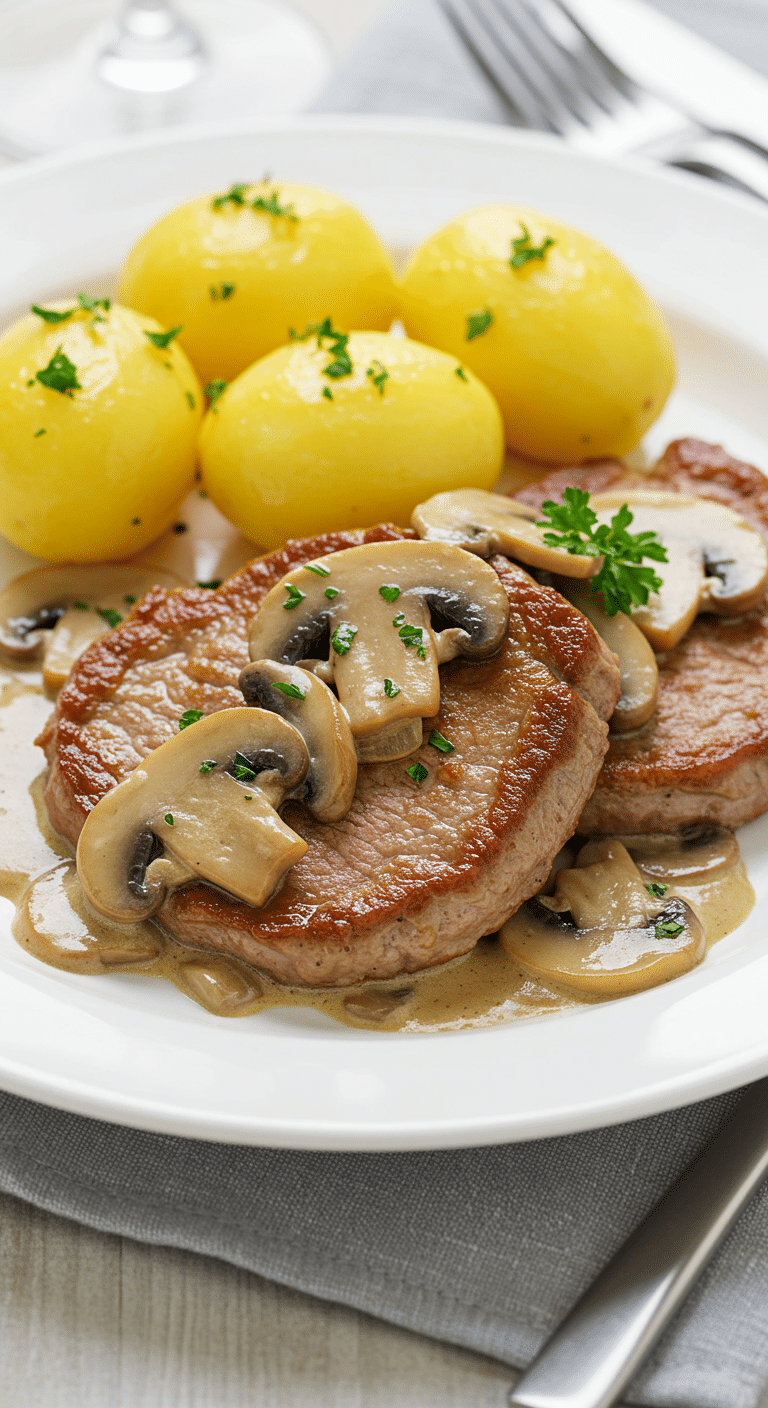 Côtes de veau à l'ancienne sauce crémeuse moutarde champignons plat traditionnel français