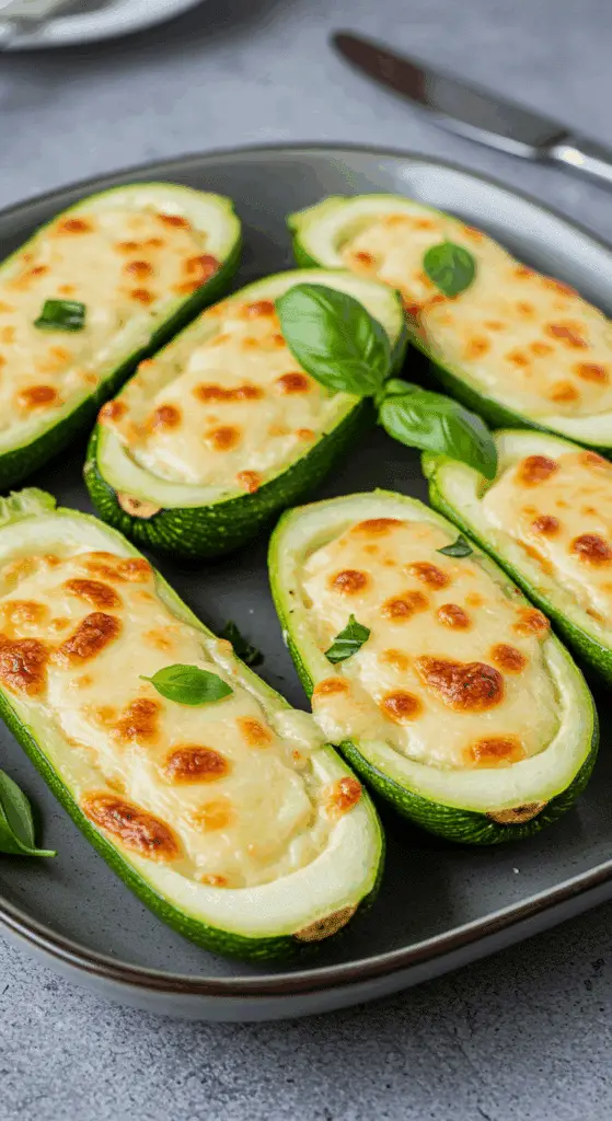 Courgettes farcies mozzarella gratinées plat céramique méditerranéen